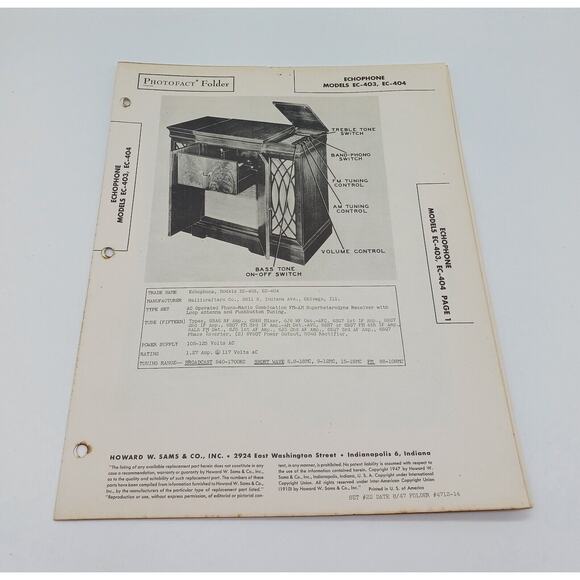 VTG Howard Sams 1947 Radio Photofact Folder Echophone Models EC-403 EC-404 - Picture 1 of 1